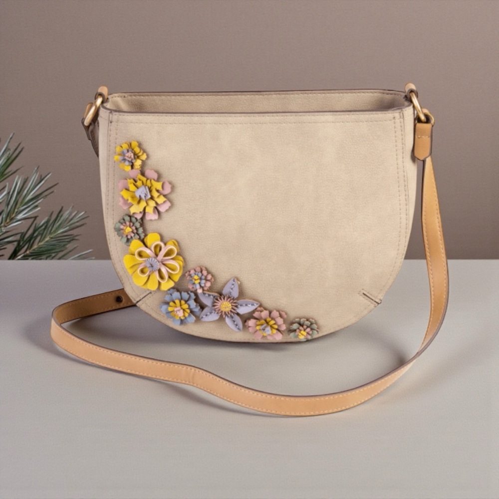 Beige Floral Appliqué Crossbody Bag - Women's Shoulder Purse